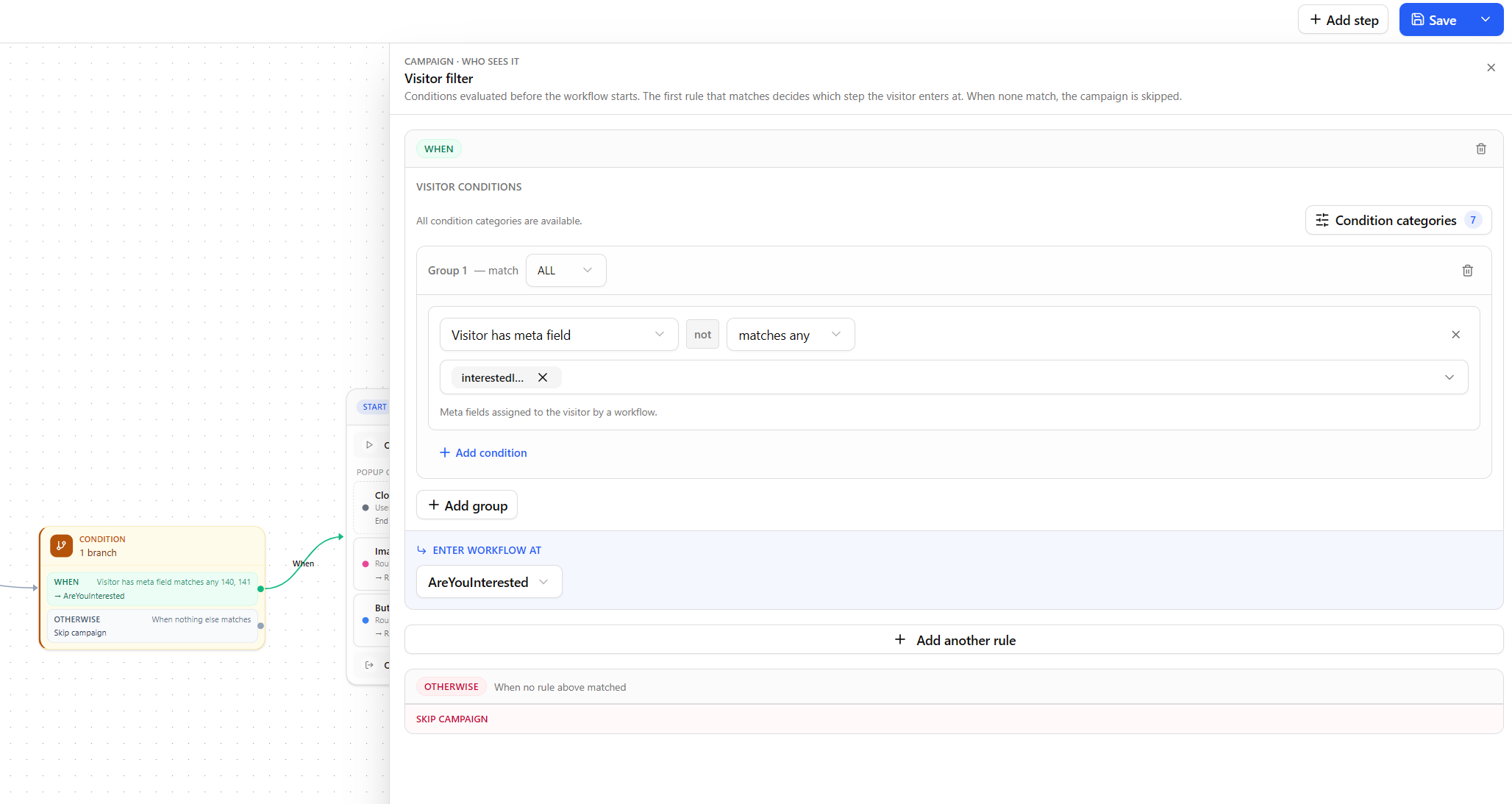 Behavioral targeting rule using visitor metafields to launch personalized campaigns for promotion-interested ecommerce visitors.